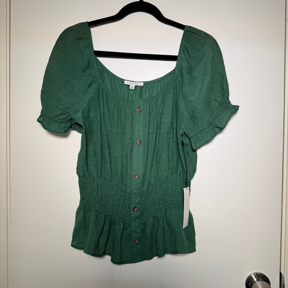 Crescent & Willough XL Green Smocked Button-Front Women's Top NWT Whimsy Boho